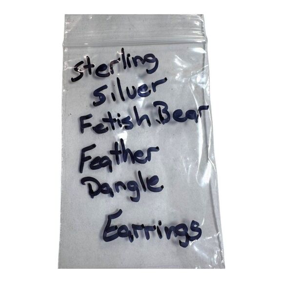 Vintage Sterling Silver Fetish Bear & Feather Dangle Earrings With Tribal Design - Picture 5 of 9